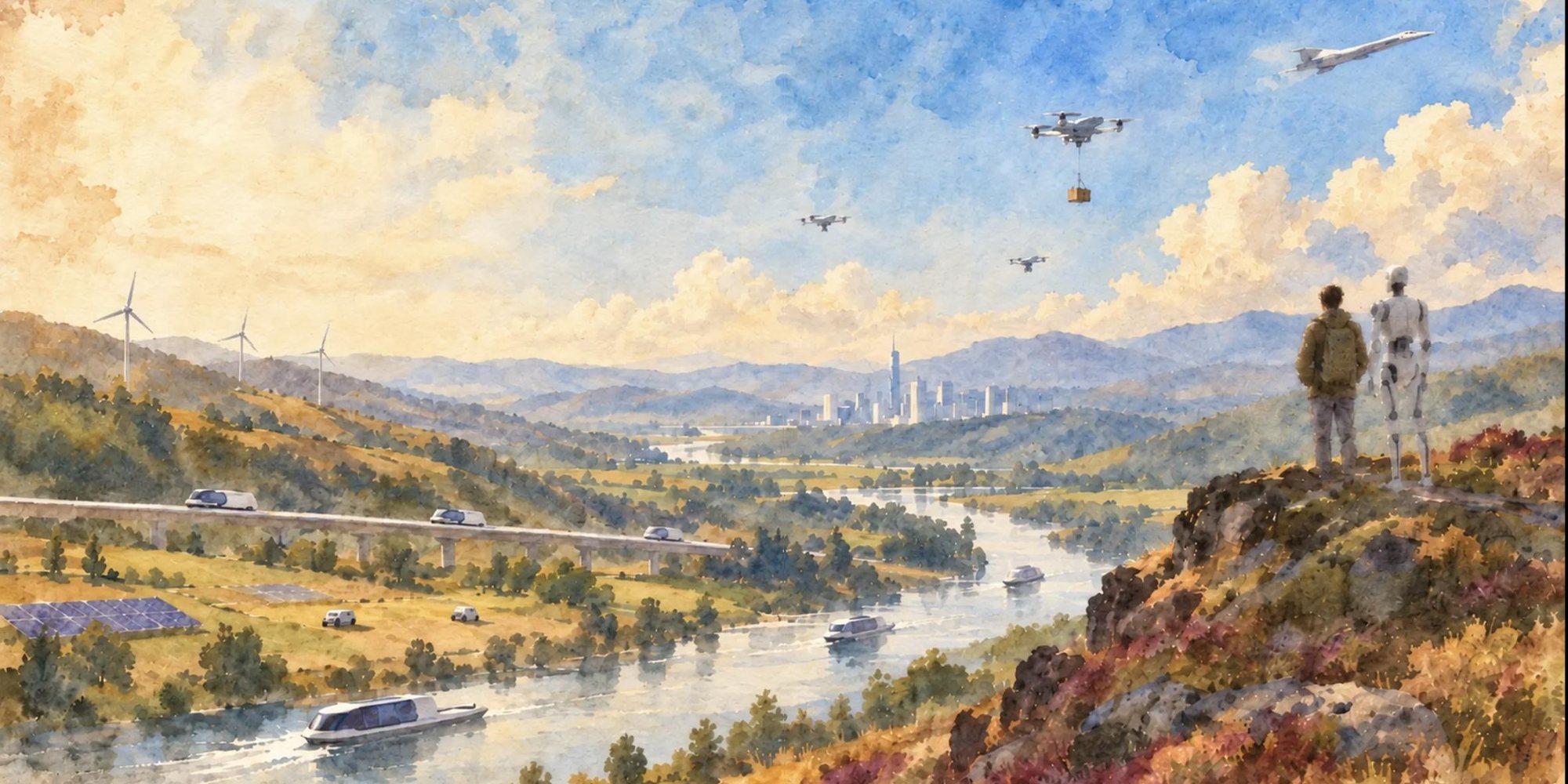 A watercolour of a valley with drones, a city and two figures on a hill, from the Quatrex website